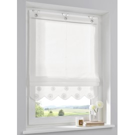 Elly Roman Blind with Embroidered Valance, Semi-Transparent Eyelet Roller Blind with Hook Hanging, No Drilling, Width 100 cm x Height 130 cm