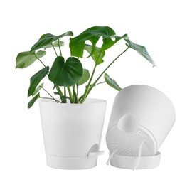 FaithLand 2-Pack 9 Inch Planter Pots for Indoor Outdoor Plants, Self Watering Flower Pots with Deep Reservoir, White …