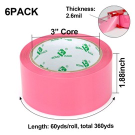 BOMEI PACK Pink Packing Tape with Dispenser, 2.6 Mil 1.88 Inch x 60 Yards, 6 Refills Rolls Pink Box Tape for Moving, Shipping and Packaging