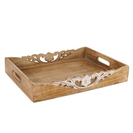 Coffee Table Tray (Medium Burnt/White) - “Orchid” - Wood Serving Tray w/Handles for Breakfast in Bed - Mango Wood Decorative Tray w/Felt Pads - Medium Size Tray - 16” x 12” x 2.5”