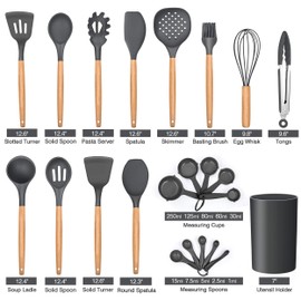 LIANYU 38 Pcs Kitchen Cooking Utensils Set with Holder, Heat Resistant Silicone Kitchen Utensil Spatula Set, Kitchen Gadgets Tools Set for nonstick Cookware Set, Wooden Handle, Grey
