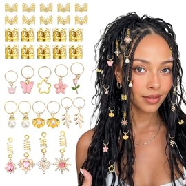 Mabor 36Pcs Hair Cuffs for Braids Pink Crystal Hair Jewelry for Braid Accessories Flower/Butterfly Loc Jewelry Rings Clips Metal Dreadlock Braid Charm