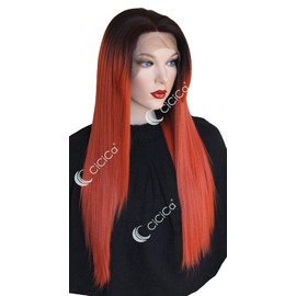 CiCiCa - “KIKI”, Lace Front Wigs, 28 Inches Long Wig, Straight Wig with Side Bangs, Ombre Dark Brown Roots to Orange Wig, Soft Lace Wig, Premium Heat-Resistant Synthetic Hair Replacement Wigs for Women.
