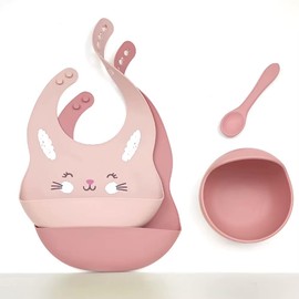 Baby Silicone Feeding Set, Pink Owl Design Bib 2-Pack with Bowl and Spoon,