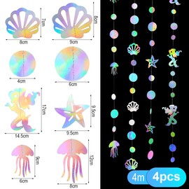 52 ft Glitter Mermaid Garland, Pack of 4 4 m Mermaid Birthday Garland, Hanging Paper Garland with Mermaids, Jellyfish, Shell, Starfish, for Mermaid Party, Birthday, Festivals