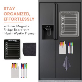 Magnetic Acrylic Board (12x16) for Fridge with Weekly Planner - Dry Erase Magnetic Board with Included 8 Easy-to-Clean Markers, Refrigerator Magnetic Scheduler, Meal Planner - (Black)