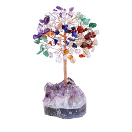 Jovivi 7 Chakra Crystal Tree,Natural Healing Crystal Bonsai Money Tree Amethyst Cluster Base,Reiki Positive Energy Gemstones Tree,Blue Room Office Desk Feng Shui Tree Decor Meditation Gifts