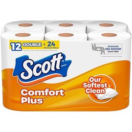 Scott Comfort Plus Toilet Paper 12 Double Rolls 231 Sheets per Roll Septic-Safe 1-Ply Toilet Tissue Bath Wipes