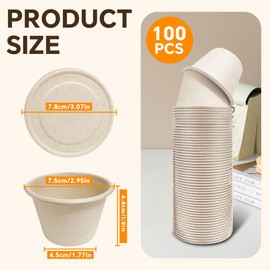 Arcccky 100 Pack 4oz Disposable Natural Bagasse Fiber Cups with Lids, Ice Cream Cups, Recycleable Paper Bowls for Sauce, Condiment, Salad Dressing, Souffle, Nuts (Brown)