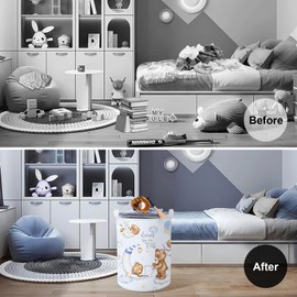 Clastyle 45L Large Blue Sleeping Bear Kid Boy Girl Laundry Hamper with Handle Collapsible Star Moon Clothes Toy Storage Basket with Lid for Nursery