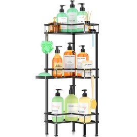 Verdenu Corner Shower Caddy, 3 Tier Standing Shower Caddy for Shampoo Storage with Soap Holder, Stainless Steel Corner Shelf with 4 Hooks, Bathroom Organizers and Storage for Shower Organizer