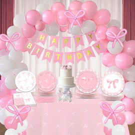 159 Pcs Pink Bow Birthday Party Decorations Pink Bow Plates and Napkins Party Supplies Coquette Balloons Banner Tinsel Foil Fringe Curtain Tableware Set for Girls Bridal Engagement Baby Shower Favors