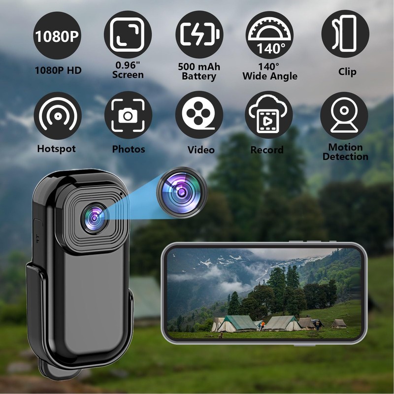 Mini Action Camera with Magnetic Base, Anti Shake 1080P Video