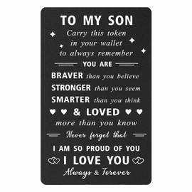 ENGZHI Inspirational Son Gifts from Mum Dad, Proud of You Son Metal Engraved Wallet Card With Positive Notes, Teen Boy Loved Card, Christmas Gifts for Adult Son