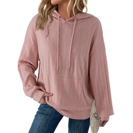 Dokotoo Hoodies for Women Casual Long Sleeve Sweatshirt for Women Loose Fit Ribbed Knit Drawstring Fashion Hooded Sweatshirts with Pocket Fall Outfits 2025 Pink Small