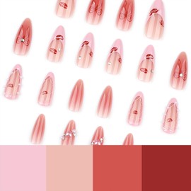 FNKFNK Pink French Tip Press on Nails Medium Almond Fake Nails with Pearl Designs Glossy Pink Blush False Nails Reusable Red Lips Full Cover Glue on Nails for Women Manicure Decorations 24Pcs
