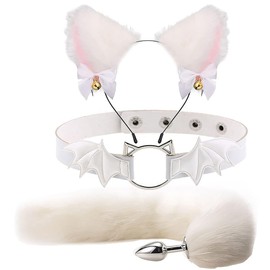 Animal Cosplay Costume Furry Fox Tail Plug Cute Ears Headband Bat Style Neck Collar Set (White B)