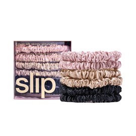 slip Skinny Scrunchies Multi | Set of 6 Pure Silk Skinny Scrunchies | Includes 2 Pink, 2 Caramel, 2 Black | 100% Mulberry Silk, Anti-Crease, Gentle on Hair, Reduces Breakage | Stylish & Durable