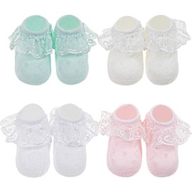BQUBO - Calcetines para bebé y niña, con ojales, con encaje, para recién nacidos/bebés/niños pequeños con volantes, 4 pares C: blanco, marfil, luz cryan, rosa, 0-6 Meses