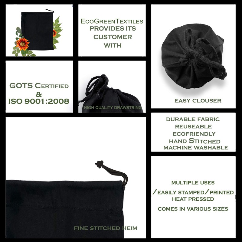 ecogreentextiles Black Cotton Drawstring Bags - Reusable Produce Bags
