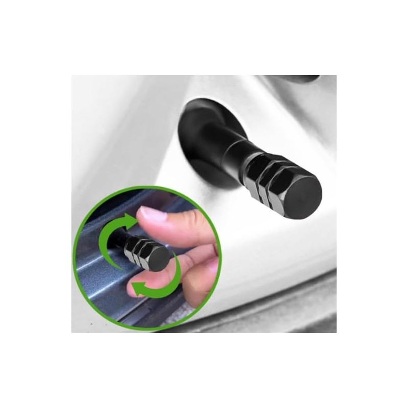 Black Hex Aluminum Tire Valve Stem Caps - 4 Pack