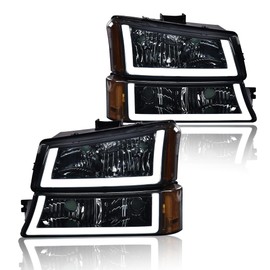 G-PLUS LED DRL Headlights, Compatible with 2003-2006 Chevy Avalanche 1500 2500/Silverado 1500 2500 3500 & HD Models Headlamp, Driver Side & Passenger Side, Smoky lens Chrome Housing Amber Reflector