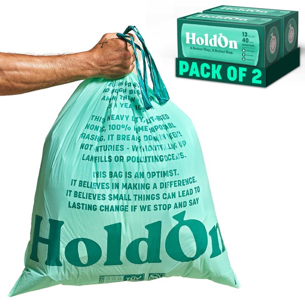 HoldOn Large Trash Bags 13 Gallon – Plant-Based Garbage Bags with Drawstring Handles for Tall Trash Bins – Trash Bags for Kitchen Bin (40 bags, Pack of 2)