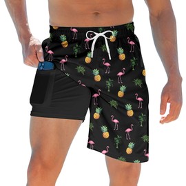 Mens Flamingo Swim Trunks Quick Dry Swimming Shorts Inner Compression Liner 2 in 1 9 inch Pineapple Long Board Shorts Men's Summer Black Hawaiian Beach Wear Youth Holiday Breathable Swimsuit