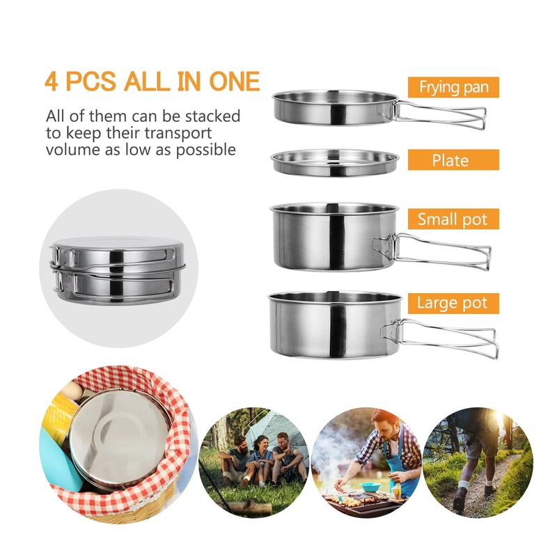 Lixada Camping Cookware Set 4-Piece Stainless Steel Camping Pot Compact