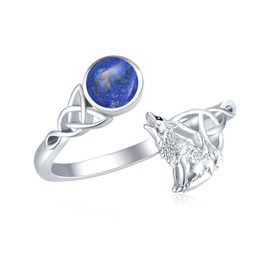 Wolf Ring S925 Sterling Silver Celtic Wolf Ring Lapis Lazuli Wolf Adjustable Ring Celtic Knot Open Ring Howling Wolf Ring Animal Thumb Ring Howling Wolf Jewelry for Women 8#, S925 Sterling Silver, No