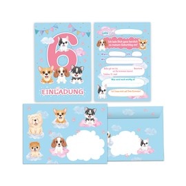 Junapack 12 Invitation Cards with 12 Envelopes for Children's 6th Birthday Party Invitation for Girls and Dogs