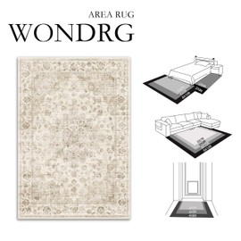 WondRg 3x5 Washable Area Rug for Entryway Non-Slip Beige Neutral Carpet Low Pile Soft Thin Tapis Salon Floral Vintage Vacuumable Lightweight Small Door Mat for Entrance Kitchen Bedroom Indoor