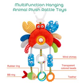 JINBOBUBU Crab Wind Chime Baby Car Seat Toy - Plush Stroller & Crib Hanging Mobile with Teether, Squeaker, Portable Clip, Colorful Clear Rings for Sensory & Cognitive Development