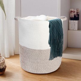 40L Laundry Basket with Handles: Large Cotton Rope Woven Hamper for Clothes, Blankets, Toys, Foldable Tall Storage Bin for Bedroom, Nursery, Living Room Decor (Beige & White)