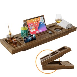 Premium Foldable Bathtub Tray, Luxury Bath Tray with Expandable Handles, Solid Acacia Wood Bath Tray for Tub, Bathtub Tray Caddy with Wine Glass and Phone Holders, Book Stand, Bathtub Accessories