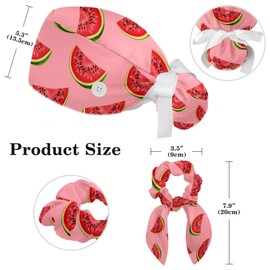 CHENZZZZ Pink Watermelon Pattern Working Hat Adjustable Scrub Cap with Buttons and Bow Hair Scrunchy for Nurse and Doctor