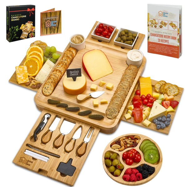 Charcuterie Cheese Board - 2 Ceramic Bowls & Plates. Magnetic 4 Drawers Bamboo Cutlery Knife Set, Round Tray, Wine Opener, Labels, Markers - Birthdays, Weddings & Housewarming Gift + Bonus Recipe Book
