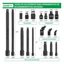 18pz Adaptador Taladro Juego Varillas De Extensión Shawty, Juego De Barras De Extensión De 1/4 3/8 1/2, Acero Cr-v Con Adaptadores y Juntas Universales y Acopladores De Impacto