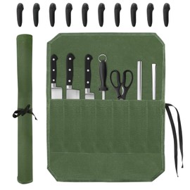 Knife Roll Bag, Ch/ef Knife Bag, Waxed Canvas Heavy Duty Knifes Pouch with 7 Slots, Ch/ef's Knifes Case Holder with Knife'Tip Protectors for Kitchen Travel Camping(COLOR:Green)