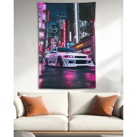 QEOPGNE Japanese S15 Sport Car Tapestry Neon Tokyo Street Drift Car Wall Art Jdm Racing Car Wall Decor Car Room Decor for Man Cave Garage Office Bedroom Wall Hanging Tapestries 40"x60"