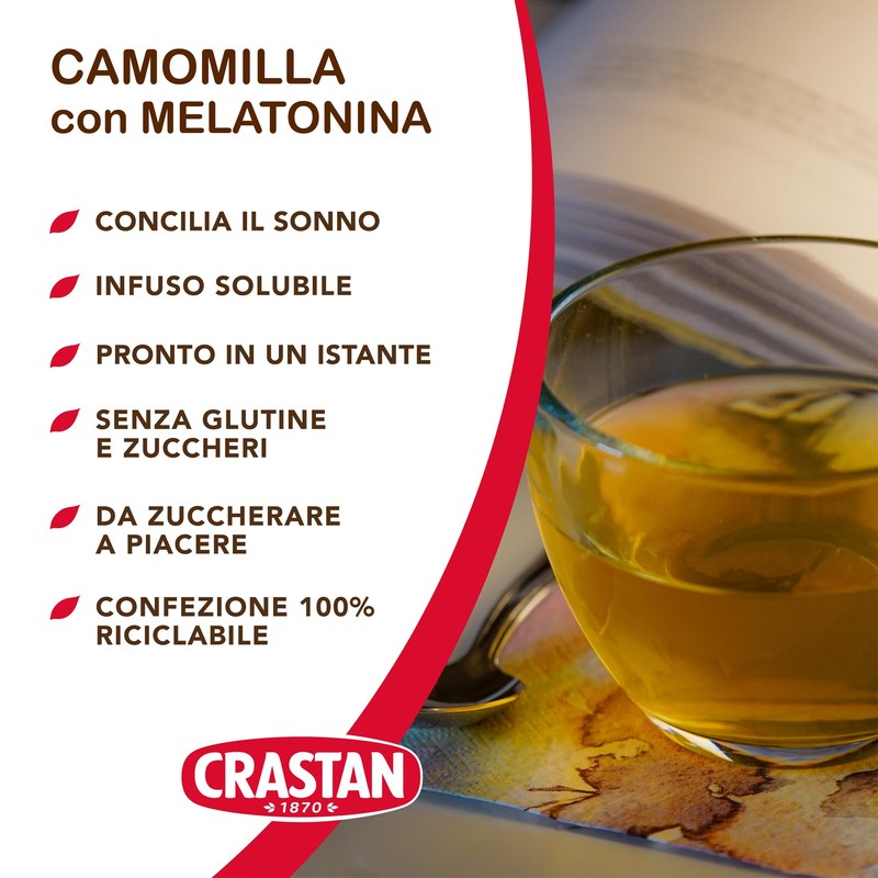 Crastan Camomilla Solubile con Melatonina, senza Zuccheri Aggiunti, 16 Bustine,