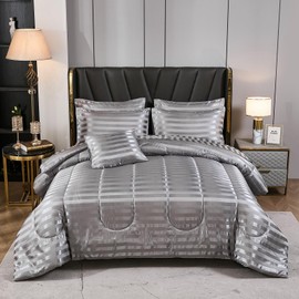 Merryword Stripe Gray Satin Bed in a Bag 8 Pieces Full Size Luxury Silky Bedding Set Soft Lightweight Comforter Set Cooling Bed in a Bag