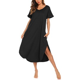 AVIIER Nightgowns for Women Cotton Night Shirt Sleepwear Ladies Soft Loungewear with Pockets (Black, Small)