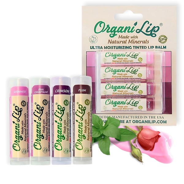 OrganiLip Tinted Lip Balm Moisturizer - Natural Moisturizer for Cracked & Dry Lips - All-Day Ultra Moisturizing Lip Care for Kids and Adults - Shimmer, Pink Champagne, Crimson, Plum Colors - 4 Pack