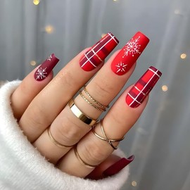 24Pcs Christmas Press on Nails Long Square Red Fake Nails Glitter Coffin False Nails Press Ons with Snowflake Line Designs Nail Tips Full Cover Artificial Glue on Nails Acrylic Nail Kit for Women
