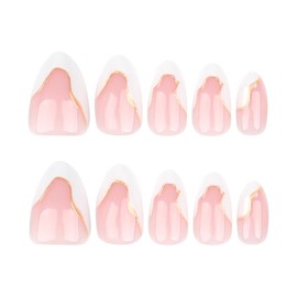 Short Press on Nails Almond Fake Nails French Tip Stick on Nails Gold Line Glue on Nails Full Cover Glossy False Nails Reusable Nude Pink Acrylic Nails for Women Manicure Decorations Supplies 24Pcs