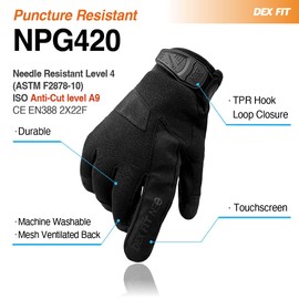 DEX FIT Puncture & Needle, A9 Cut Resistant Gloves NPG420 - Steel Layers, Firm Grip, PU Leather Patch, Touchscreen, Comfortable & Durable Work Gloves for Police, Airsoft; Black M 1 Pair