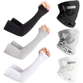 Arm Sleeve and Face Scarf, 3 Pcs Neck Gaiter Face Mask and 3 Pairs Arm Sleeves for Women Men, Volleyball Basketball Baseball Arm Sleeve Sun Protection Sleeves Arm Cover Women Men