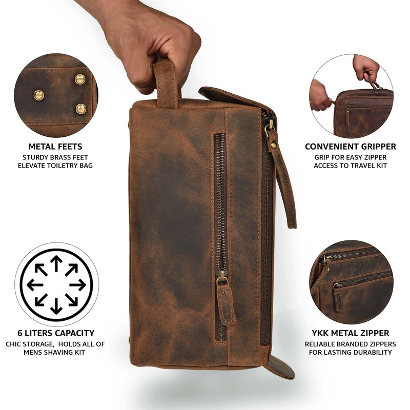 LEATHER VILLAGE Premium Leather Travel Toiletry Bag - Unisex Water-Resistant