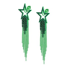 EVER FAITH Star Long Tassel Clip-on Earrings for Women Girls, Crystal Costume Waterfall Beaded Fringe Chandelier Dangle Drop Earrings Hypoallergenic Safe Jewelry for Sensitive Ears Green Green-Tone